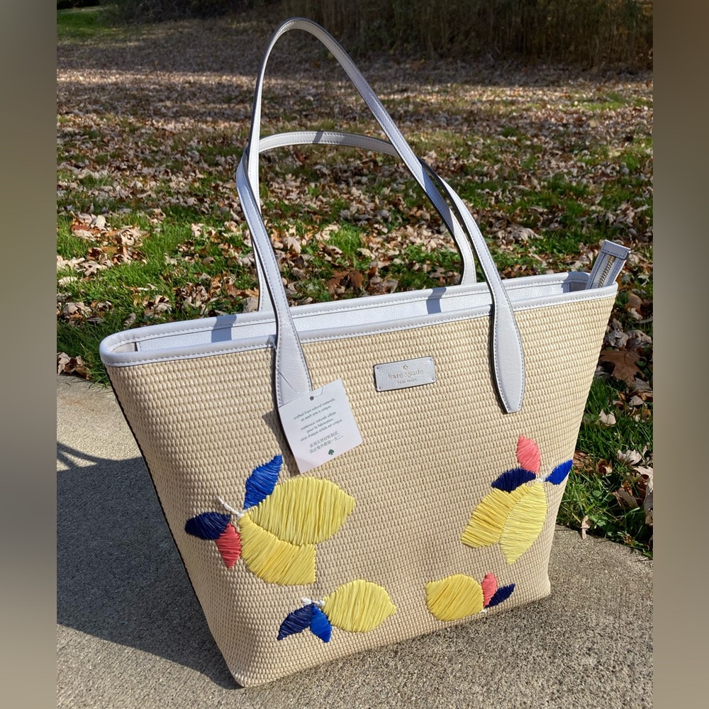Kate Spade Large Tote Ash Straw Lemon Zest Straw and Leather Bag Lemon Print Bag